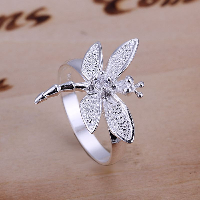silver plated ring jewelryInlaid Stone Dragonfly ring 17 ELY