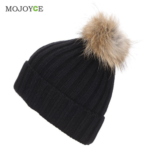 Raccoon Fur Hat Fur Pompom Caps Hat Knitted Hats Ski Cap Beanie Gorro Hat ELY