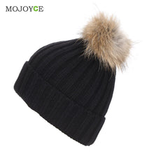 Raccoon Fur Hat Fur Pompom Caps Hat Knitted Hats Ski Cap Beanie Gorro Hat ELY