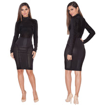 Mini Perspective Hollow Sexy Bandage Nightclub Dress Long Sleeve O-Neck Black Dress 1STL ELY