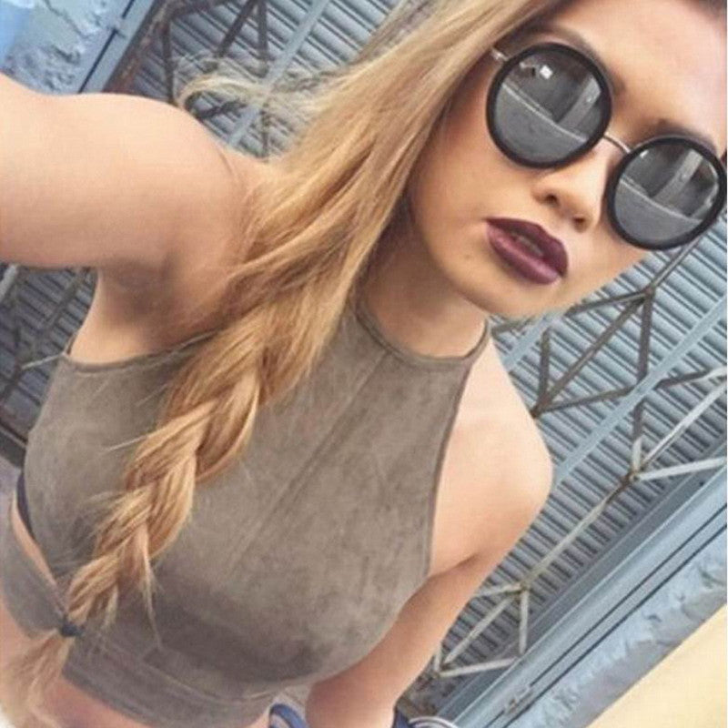 Solid Color Halter Sleeveless Shirt Women Suede Fabric Tank Top Khaki Crop Tops blusa Cropped ELY