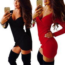 Womens Casual Long Sleeve Party Gown Mini Dress Black Red V-Neck Dress 1STL ELY