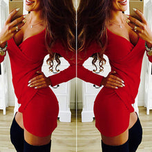 Womens Casual Long Sleeve Party Gown Mini Dress Black Red V-Neck Dress 1STL ELY