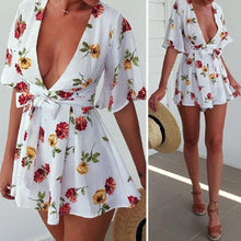 Combishort Femme Women Jumpsuit Sexy Floral V-Neck Playsuit Ladies Shorts Beach Bodysuit ELY