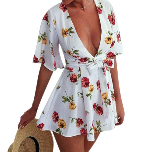 Combishort Femme Women Jumpsuit Sexy Floral V-Neck Playsuit Ladies Shorts Beach Bodysuit ELY