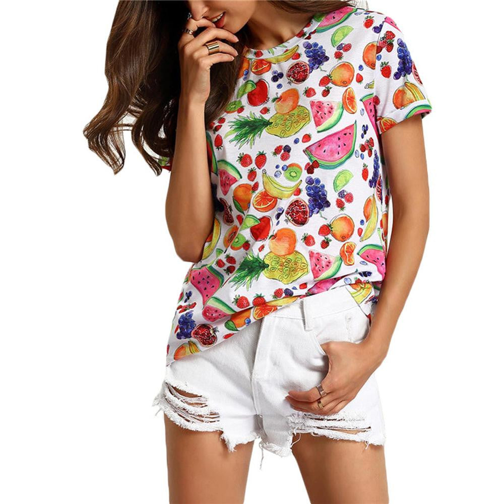 Crew Neck Fruits Print Tee Shirt Womens Casual Clothing Tops Multicolor Short Sleeve T-shirt 1STL ELY