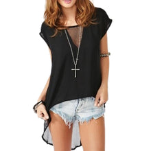 Chiffon T Shirt Irregular Hem Mesh O Neck Short Sleeve High Low Tees Top Black plus size women clothing ELY