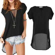 Chiffon T Shirt Irregular Hem Mesh O Neck Short Sleeve High Low Tees Top Black plus size women clothing ELY