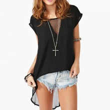 Chiffon T Shirt Irregular Hem Mesh O Neck Short Sleeve High Low Tees Top Black plus size women clothing ELY