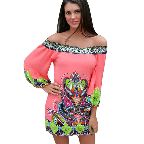Elegant Print Women Dress Beach Casual Cotton Blend Long Sleeve Off the Shoulder Dress Clothing 1STL ELY