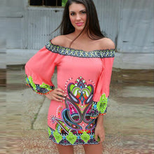 Elegant Print Women Dress Beach Casual Cotton Blend Long Sleeve Off the Shoulder Dress Clothing 1STL ELY