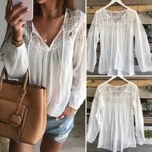 Hollow Lace Stitching Long-sleeved Top Shirt White V-Neck Women Shirts Tops 1STL ELY