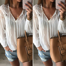 Hollow Lace Stitching Long-sleeved Top Shirt White V-Neck Women Shirts Tops 1STL ELY