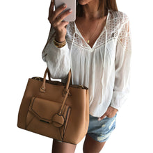 Hollow Lace Stitching Long-sleeved Top Shirt White V-Neck Women Shirts Tops 1STL ELY