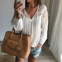 Hollow Lace Stitching Long-sleeved Top Shirt White V-Neck Women Shirts Tops 1STL ELY