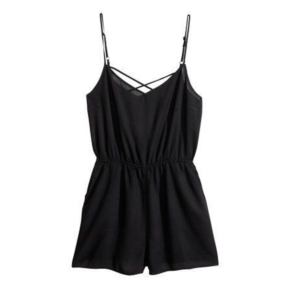 Solid Color Black Suspenders Piece Pants Chiffon Shorts Jumpsuits1STL ELY