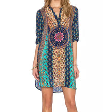 Women Long Sleeve Vestidos V-neck Vintage Dresses Loose Print Kimono Chiffon Green Women Dress Dress 1STL ELY