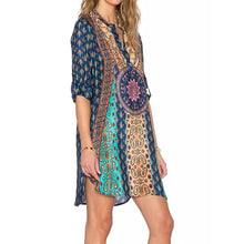 Women Long Sleeve Vestidos V-neck Vintage Dresses Loose Print Kimono Chiffon Green Women Dress Dress 1STL ELY