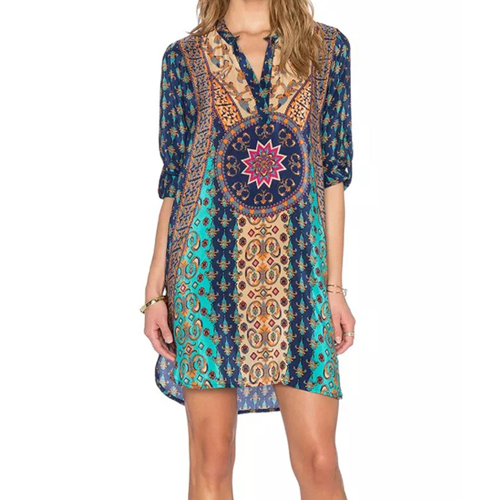 Women Long Sleeve Vestidos V-neck Vintage Dresses Loose Print Kimono Chiffon Green Women Dress Dress 1STL ELY
