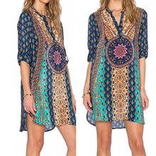 Women Long Sleeve Vestidos V-neck Vintage Dresses Loose Print Kimono Chiffon Green Women Dress Dress 1STL ELY