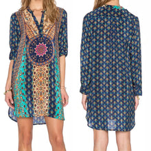 Women Long Sleeve Vestidos V-neck Vintage Dresses Loose Print Kimono Chiffon Green Women Dress Dress 1STL ELY