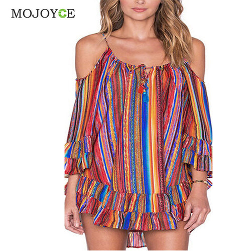 Beach Dress Rainbow Multicolor Ruffles Chiffon Dress Off The Shoulder Spaghetti Strap Casual Loose Dress Vestidos ELY