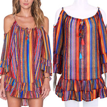 Beach Dress Rainbow Multicolor Ruffles Chiffon Dress Off The Shoulder Spaghetti Strap Casual Loose Dress Vestidos ELY
