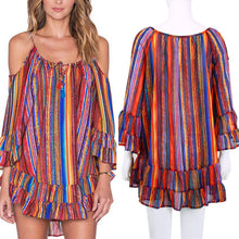 Beach Dress Rainbow Multicolor Ruffles Chiffon Dress Off The Shoulder Spaghetti Strap Casual Loose Dress Vestidos ELY