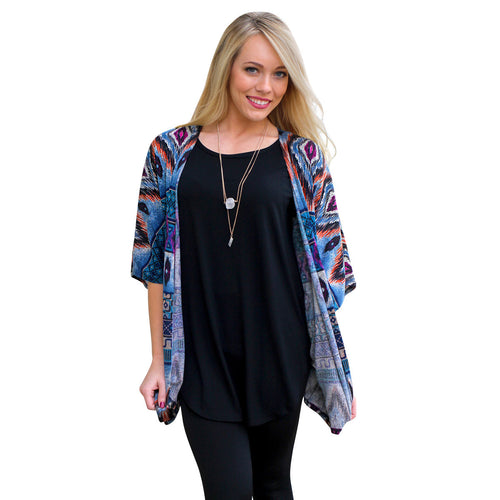 Long Chiffon Women Ethnic Print Pattern Kimono Cardigan 1STL ELY