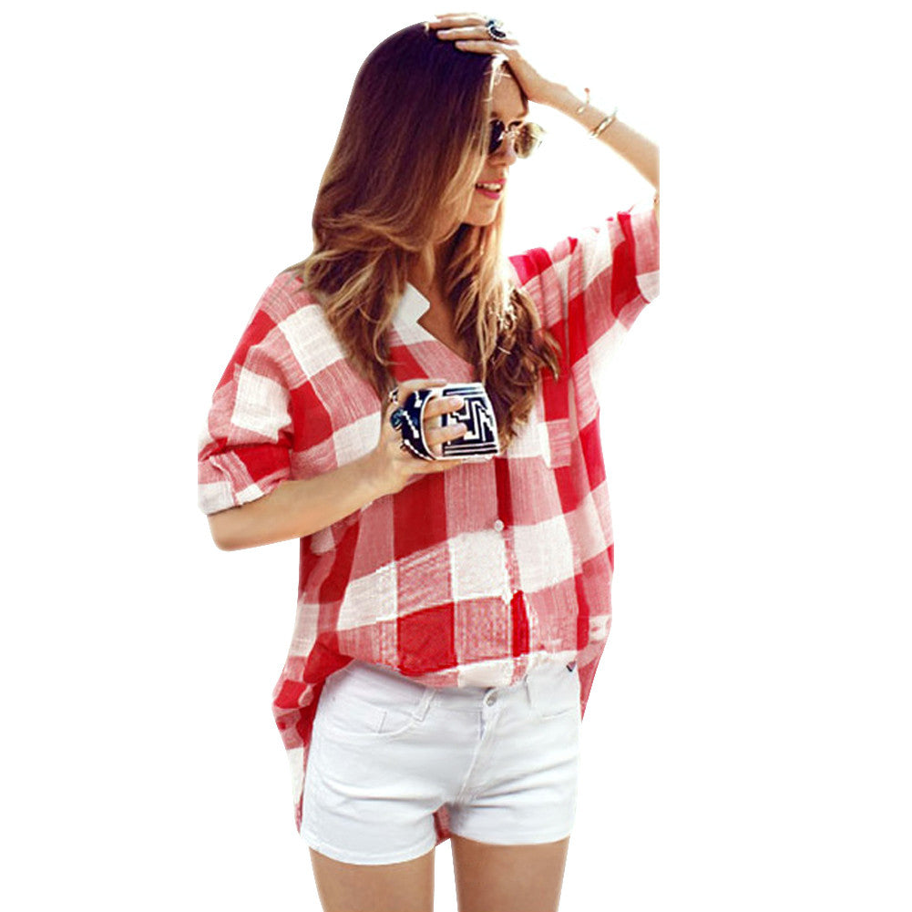 Style Plaid Shirts Women Loose Long Sleeve Chiffon Casual Blouse Shirt Tops Red Blouse 1STL ELY