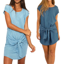 style Loose Short Sleeve Women Denim Jeans Dress O Neck Washed Beaded Elegant Evening Party Lady Dresses ELY