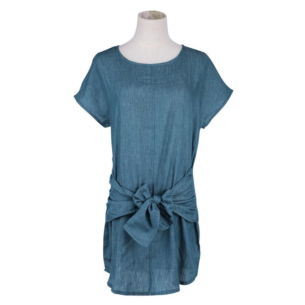 style Loose Short Sleeve Women Denim Jeans Dress O Neck Washed Beaded Elegant Evening Party Lady Dresses ELY