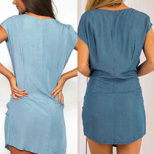 style Loose Short Sleeve Women Denim Jeans Dress O Neck Washed Beaded Elegant Evening Party Lady Dresses ELY