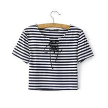 Women Corselets Bandage Tops Striped Tops Ladies Tshirt Sexy Crop Tops Striped Short sleeved T-shirt Short Women ELY