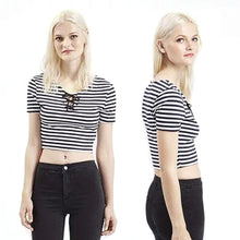 Women Corselets Bandage Tops Striped Tops Ladies Tshirt Sexy Crop Tops Striped Short sleeved T-shirt Short Women ELY