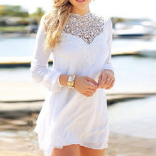 Womens Lace Gauze Chiffon Dress Solid White Style Dress Long Sleeve Deep V Neck Vestidos Elegant Ladies Dresses ELY
