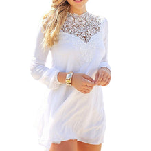 Womens Lace Gauze Chiffon Dress Solid White Style Dress Long Sleeve Deep V Neck Vestidos Elegant Ladies Dresses ELY