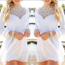 Womens Lace Gauze Chiffon Dress Solid White Style Dress Long Sleeve Deep V Neck Vestidos Elegant Ladies Dresses ELY