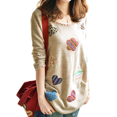 Artistic Style Knitted Women Blouses Fresh Hearts Flowers Appliques Shirts Women Blusas Femininas Women Tops ELY