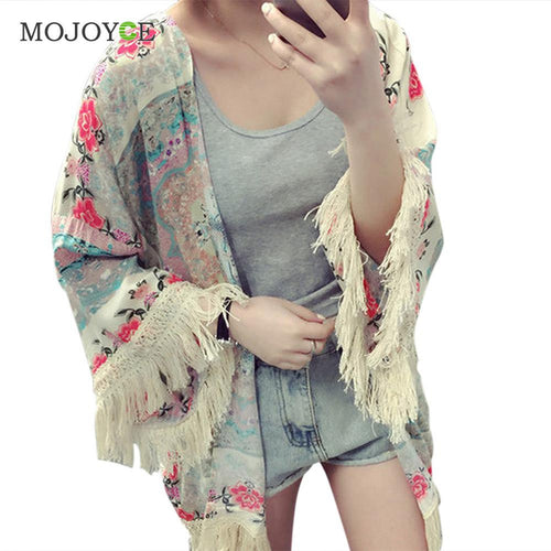 Batwing Sleeve Printed Tassels Kimono Chiffon Blouse Shawl Sun Protection Cover Women Blouses Blusas Feminino Women Tops 1STL ELY