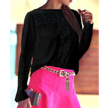 Black Women Blouses Hollow Out Pattern Stitching Lace Shirt Women Blusas y Camisas Mujer Round Neck Long Sleeve Chiffon Blouse ELY