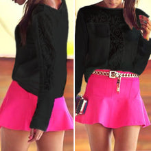 Black Women Blouses Hollow Out Pattern Stitching Lace Shirt Women Blusas y Camisas Mujer Round Neck Long Sleeve Chiffon Blouse ELY