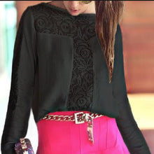 Black Women Blouses Hollow Out Pattern Stitching Lace Shirt Women Blusas y Camisas Mujer Round Neck Long Sleeve Chiffon Blouse ELY