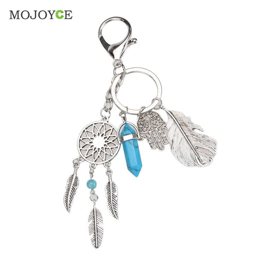 Blue Agate Keyring Silver Leaves Dreamcatcher Bag Car Keychain Jewelry ELY