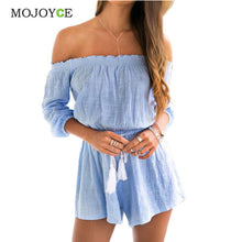 Blue Off Shoulder Rompers Womens Jumpsuit Shorts Beach Playsuit Linen Jumpsuit Cotton Bodysuit Combinaison Femme ELY