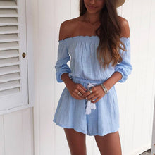 Blue Off Shoulder Rompers Womens Jumpsuit Shorts Beach Playsuit Linen Jumpsuit Cotton Bodysuit Combinaison Femme ELY