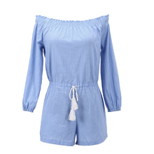 Blue Off Shoulder Rompers Womens Jumpsuit Shorts Beach Playsuit Linen Jumpsuit Cotton Bodysuit Combinaison Femme ELY