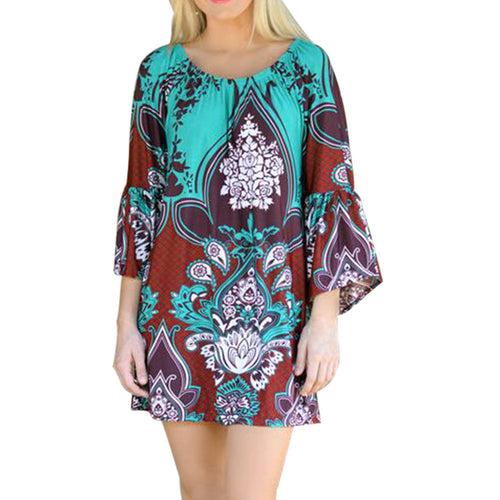 Bohemian Printed Off-shoulder O-neck Party Beach Dress Boho Vestidos Dress 1 STL ELY