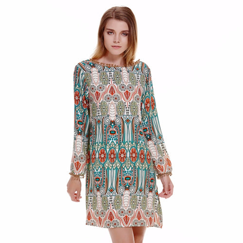 Boho Dress Vintage Women V-Back Party Dress Floral Print Long Sleeve Short Dress Vestidos Vintage Boho 1STL ELY