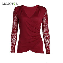 Bud Silk Lace Stitching T-Shirt Elegant V neck Long Sleeve Women Office Tops Ladies Casual Zip Women Top Blusa Tee ELY